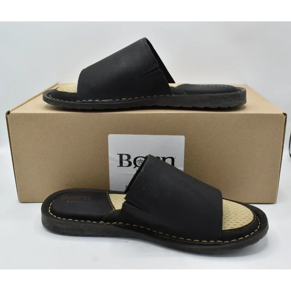 Born Mens Size 8 Leeward Black Full Grain Leather Slip On Slide‎ Sandals Shoes